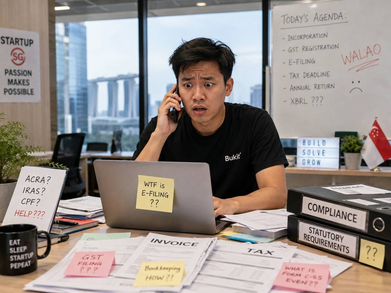 The same founder on the phone, surrounded by sticky notes reading ACRA? IRAS? CPF? HELP and binders labelled compliance.