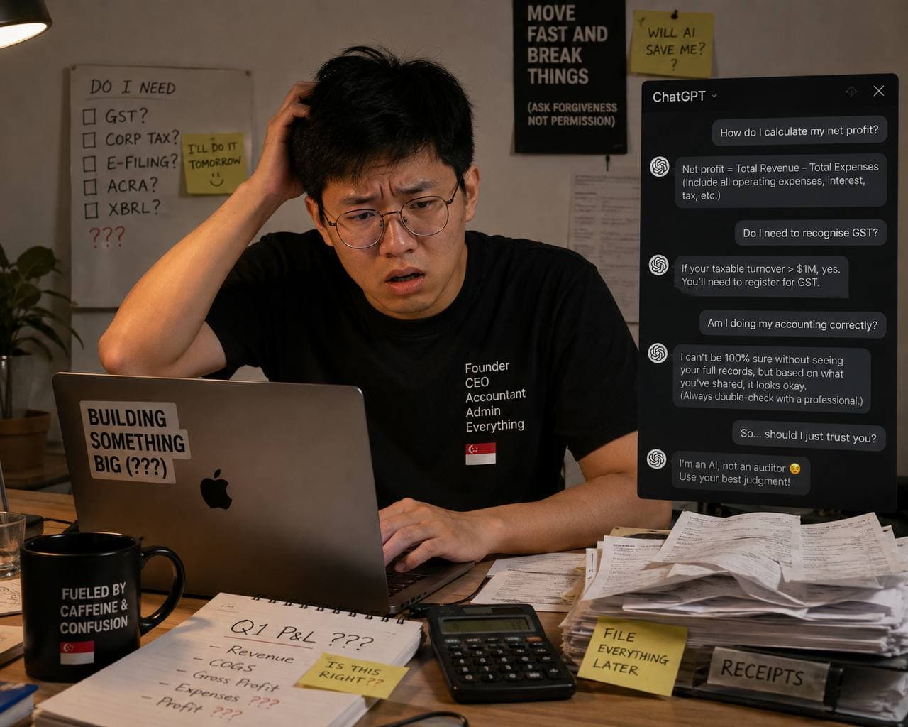 The founder — shirt reading Founder, CEO, Accountant, Admin, Everything — scratching his head at a laptop while an AI chat hedges that his accounting looks okay but it is not an auditor.