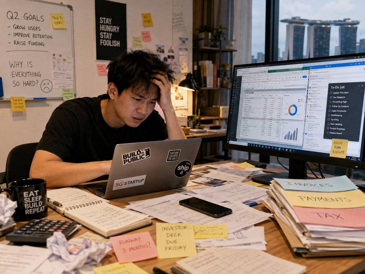 A founder at a desk buried in sticky notes and spreadsheets, head in hand.
