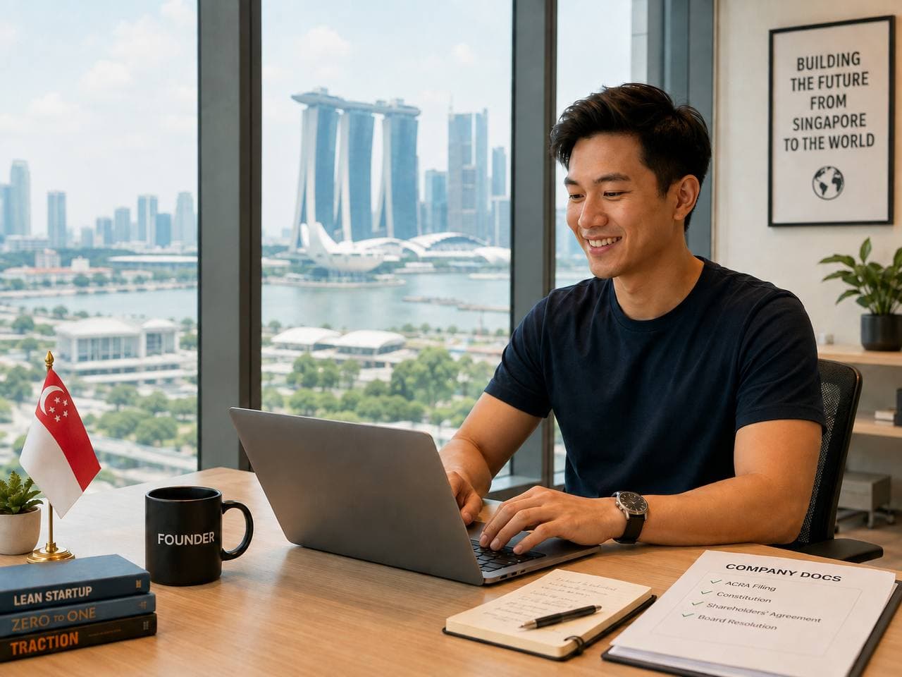 The founder relaxed at a tidy desk with a Singapore flag, company books in order.