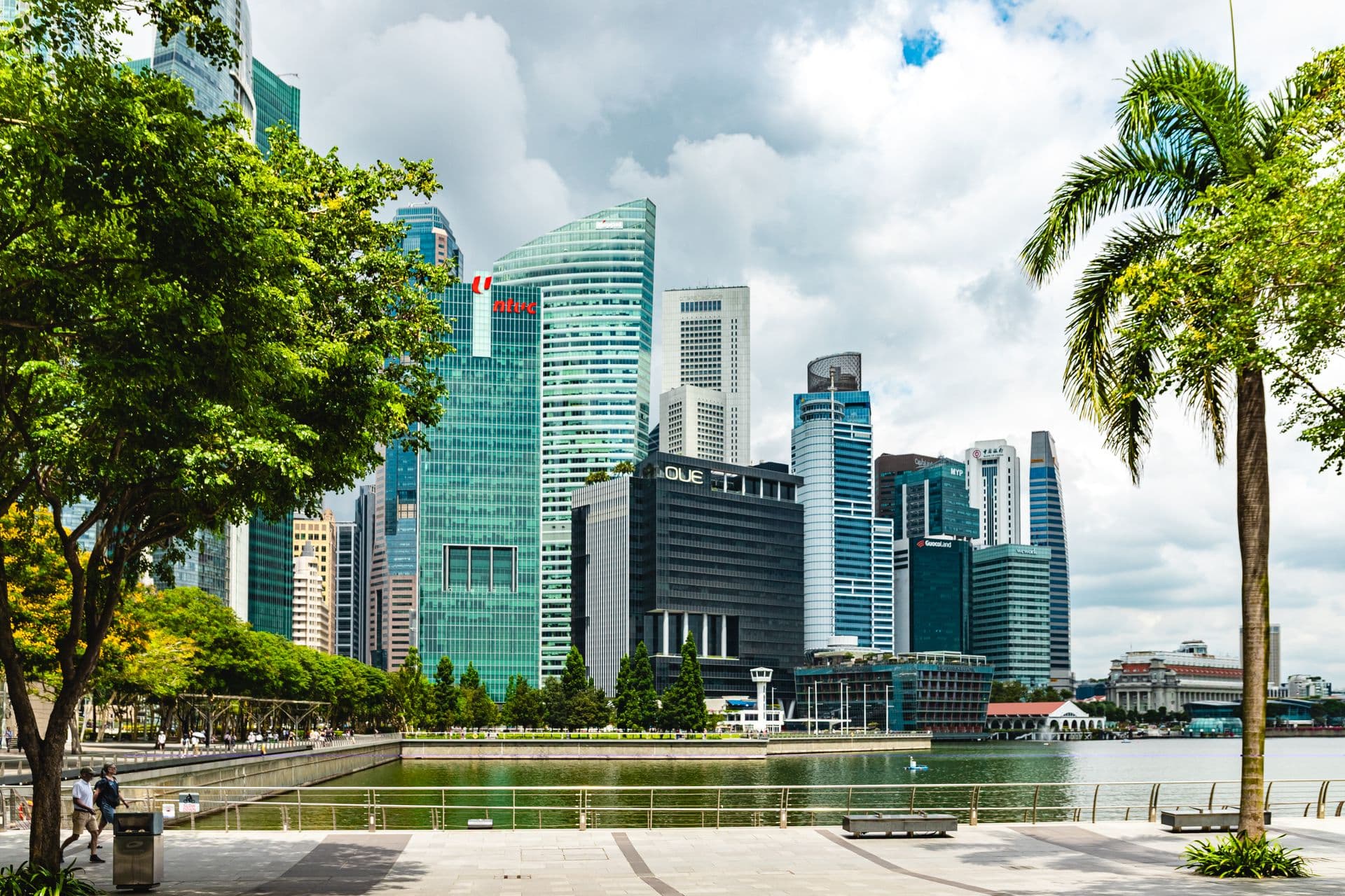 Singapore CBD skyline framed by greenery along Marina Bay
