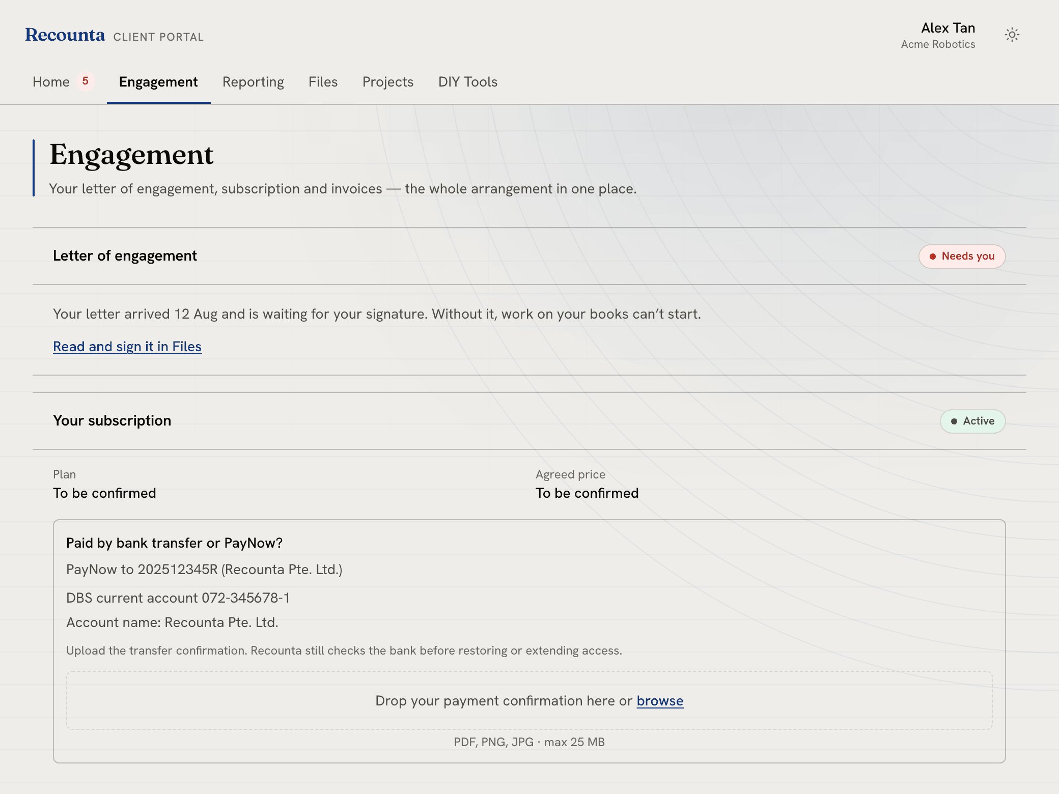 The Engagement screen: the letter of engagement marked 'Needs you' with the plain-English line 'Without it, work on your books can't start.'