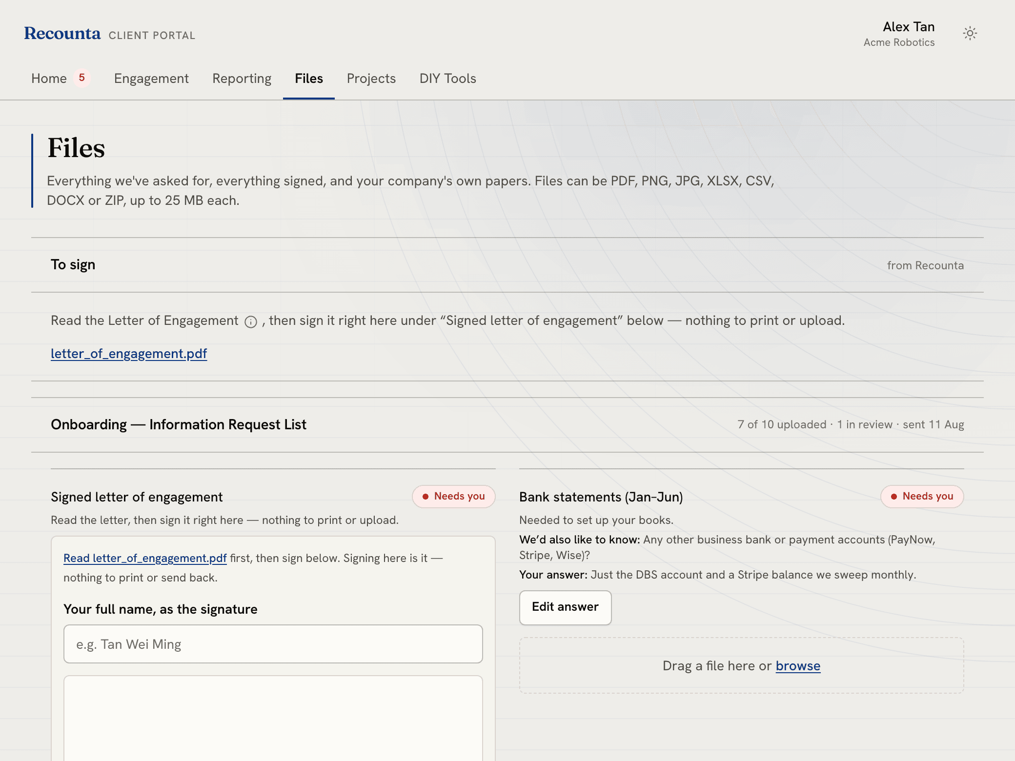 The Files screen: an information request 7 of 10 uploaded, a question answered inline, and the letter of engagement signed on the page.