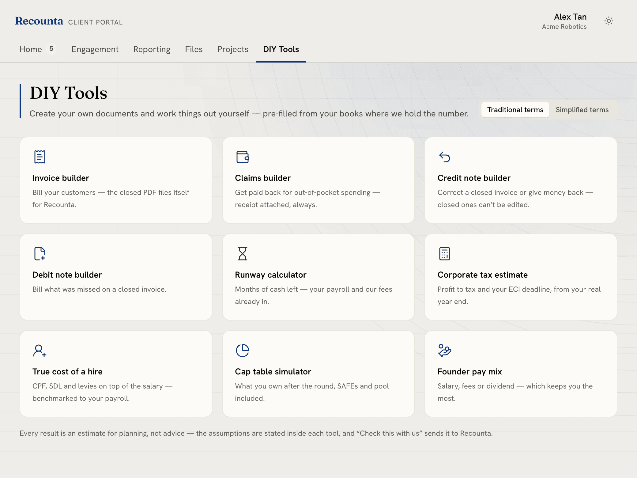 The DIY Tools screen: nine tools in one grid — invoice, claims, credit and debit note builders beside the runway, tax, hiring, cap table and pay calculators.